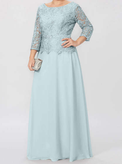 Floor-Length Mother of the Bride A-Line Dress with Round Neck 3/4 Sleeves and Applique & Sequins