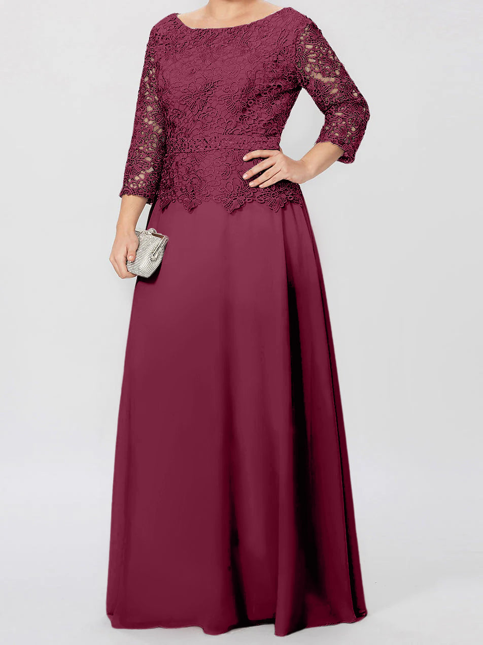 Floor-Length Mother of the Bride A-Line Dress with Round Neck 3/4 Sleeves and Applique & Sequins
