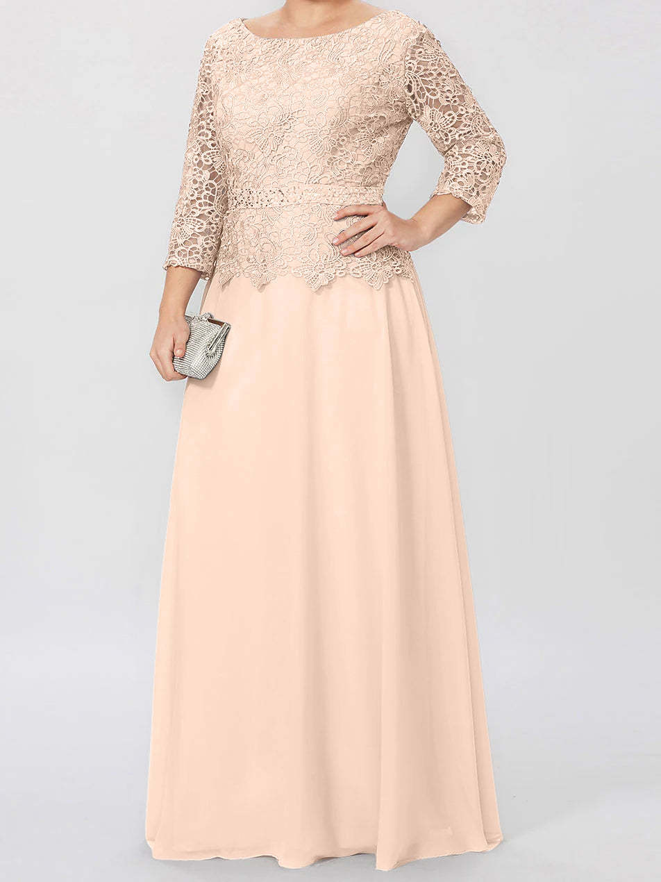 Floor-Length Mother of the Bride A-Line Dress with Round Neck 3/4 Sleeves and Applique & Sequins