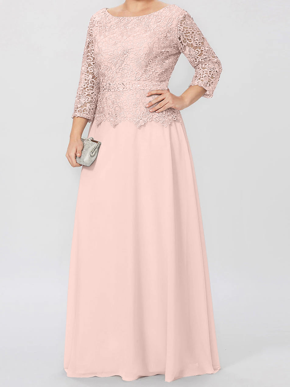 Floor-Length Mother of the Bride A-Line Dress with Round Neck 3/4 Sleeves and Applique & Sequins