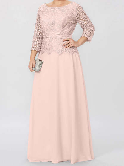 Floor-Length Mother of the Bride A-Line Dress with Round Neck 3/4 Sleeves and Applique & Sequins