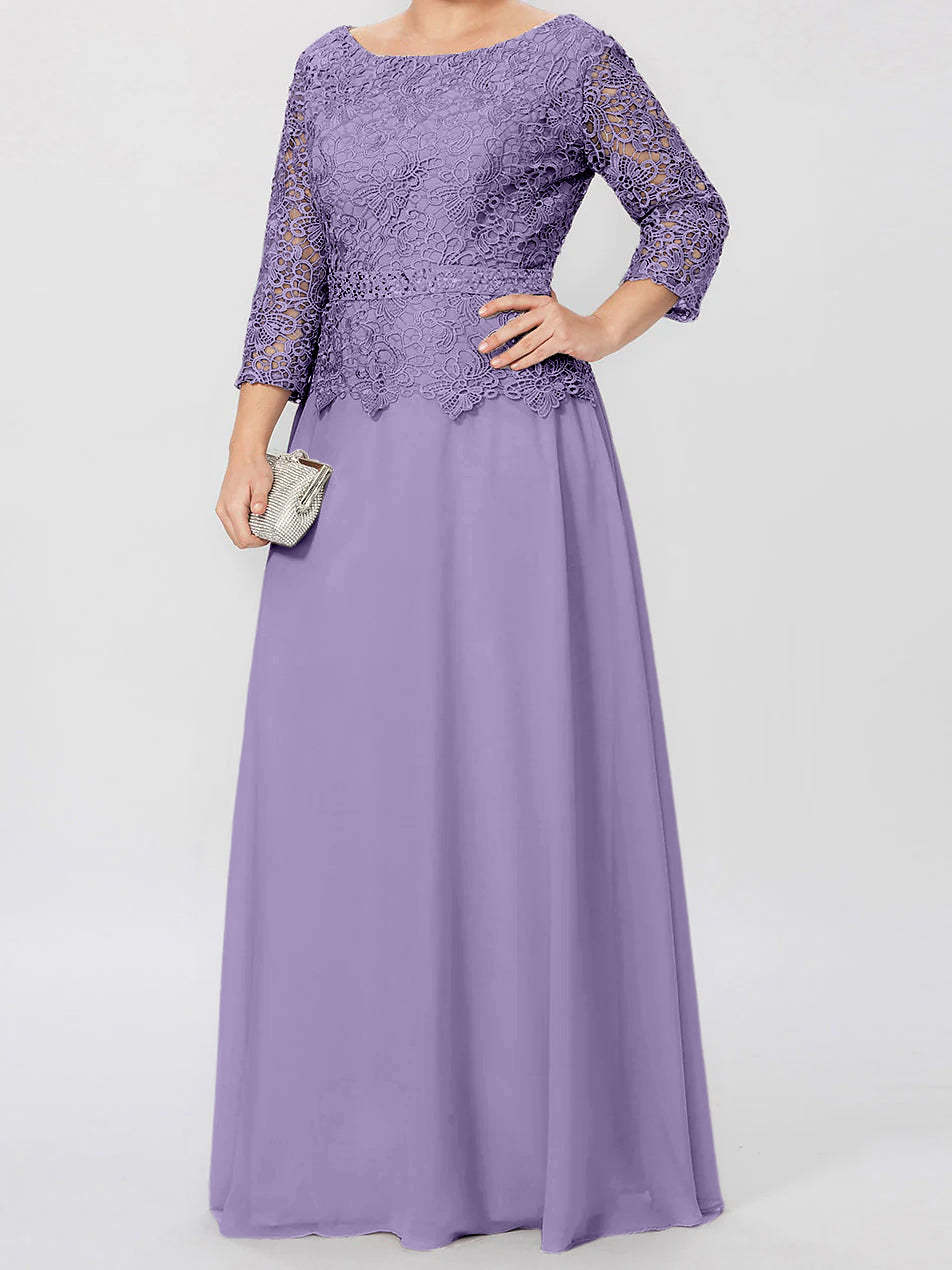 Floor-Length Mother of the Bride A-Line Dress with Round Neck 3/4 Sleeves and Applique & Sequins
