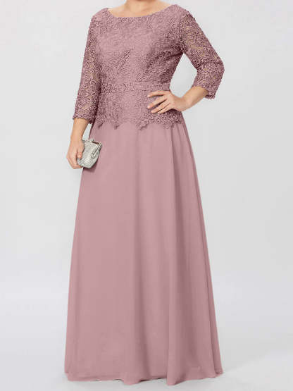 Floor-Length Mother of the Bride A-Line Dress with Round Neck 3/4 Sleeves and Applique & Sequins