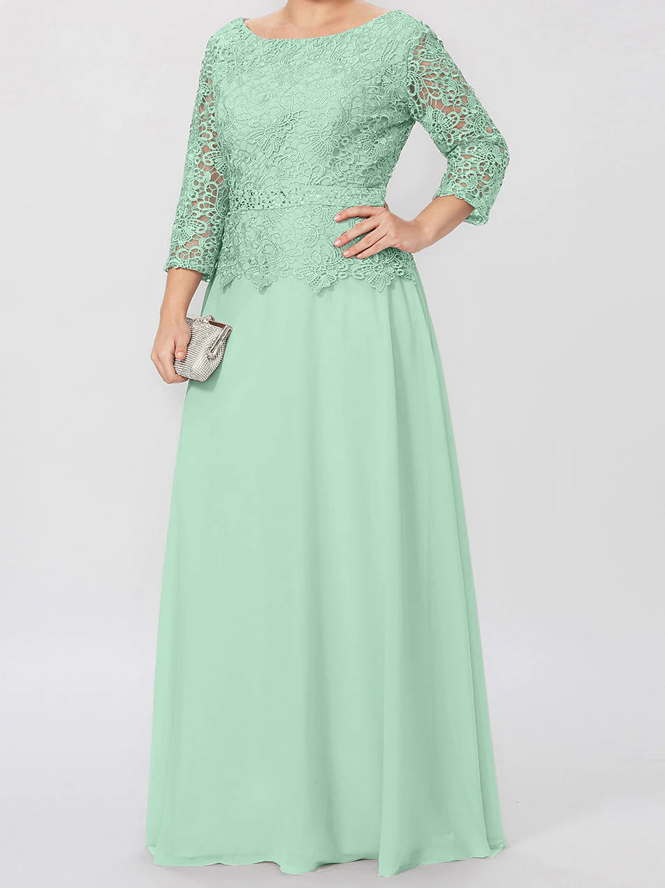 Floor-Length Mother of the Bride A-Line Dress with Round Neck 3/4 Sleeves and Applique & Sequins