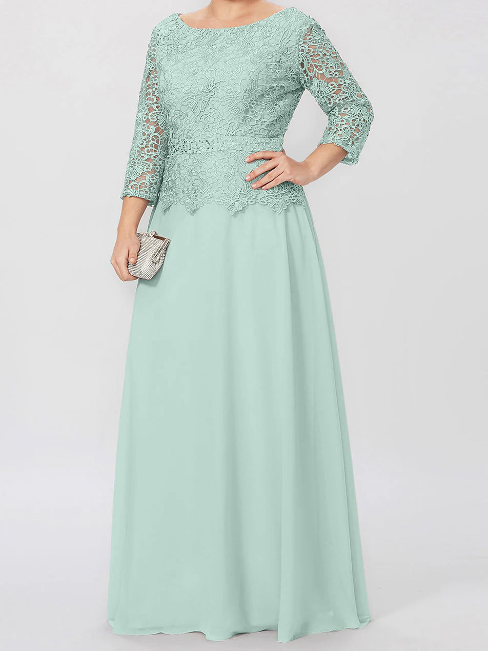 Floor-Length Mother of the Bride A-Line Dress with Round Neck 3/4 Sleeves and Applique & Sequins