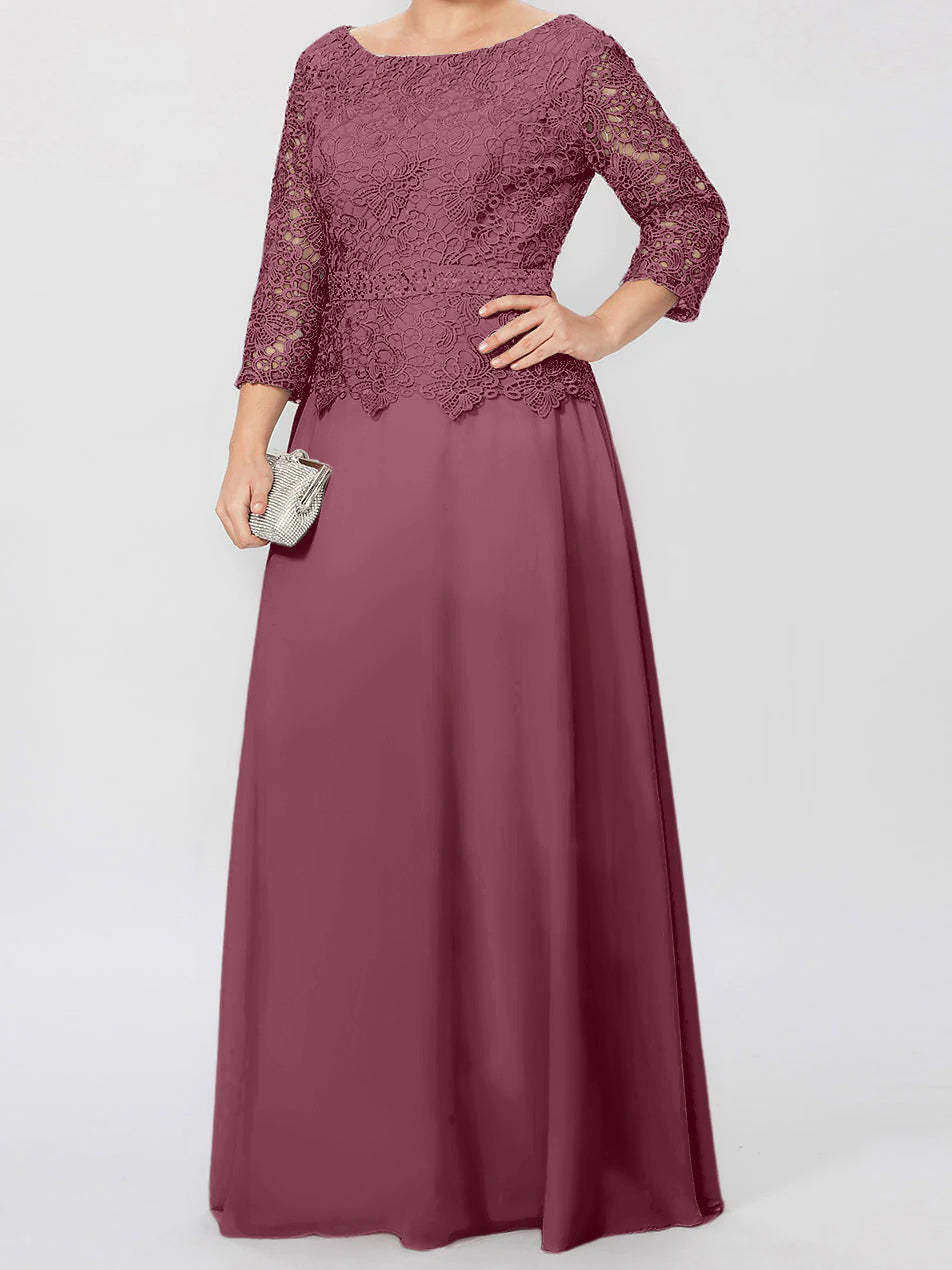 Floor-Length Mother of the Bride A-Line Dress with Round Neck 3/4 Sleeves and Applique & Sequins