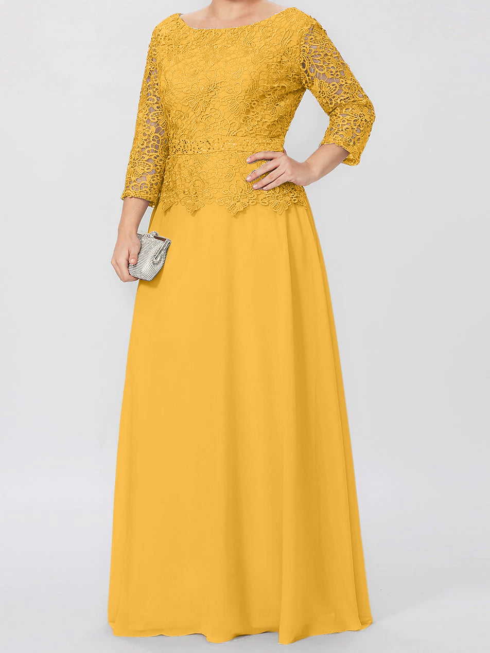Floor-Length Mother of the Bride A-Line Dress with Round Neck 3/4 Sleeves and Applique & Sequins