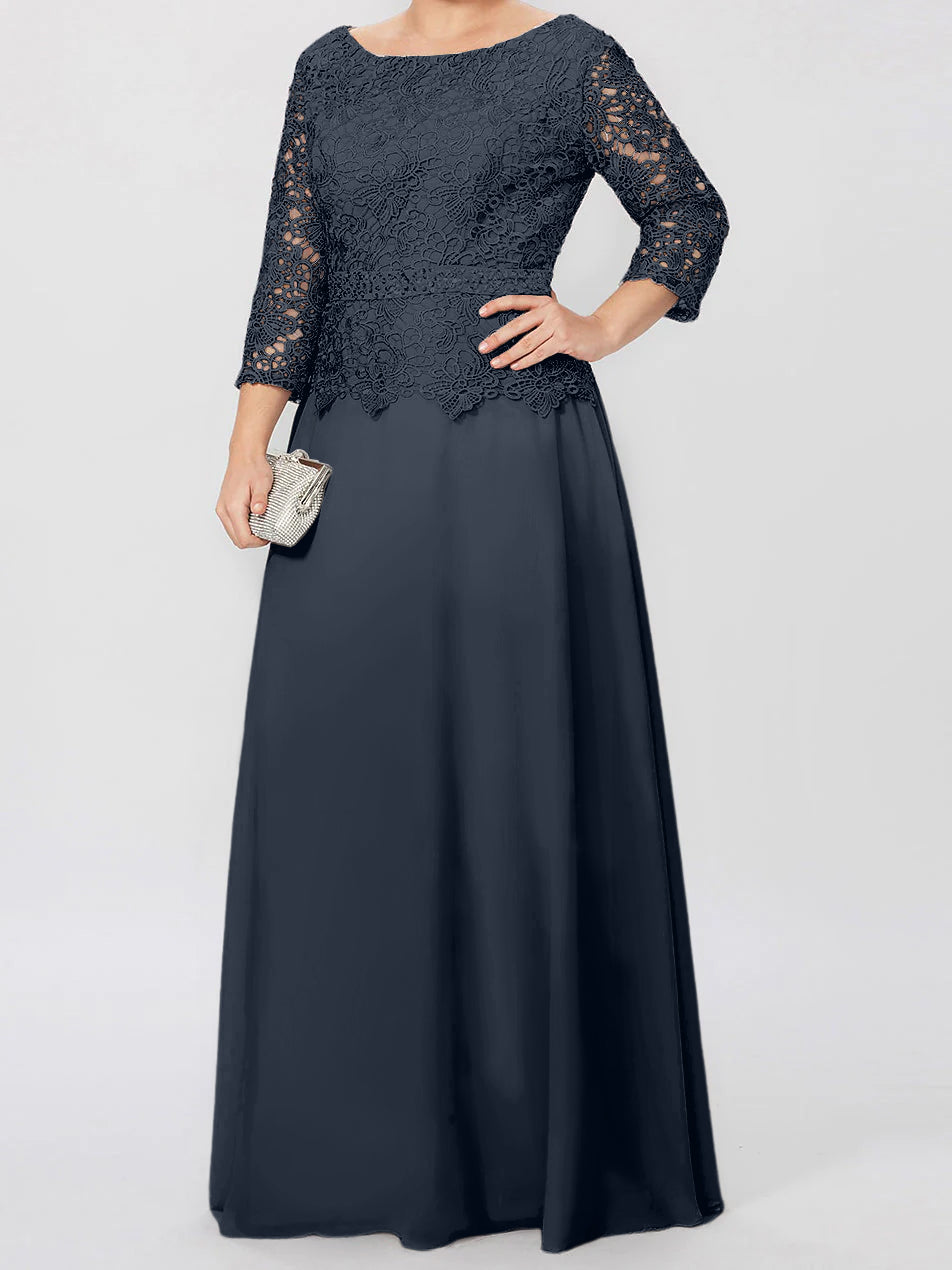 Floor-Length Mother of the Bride A-Line Dress with Round Neck 3/4 Sleeves and Applique & Sequins