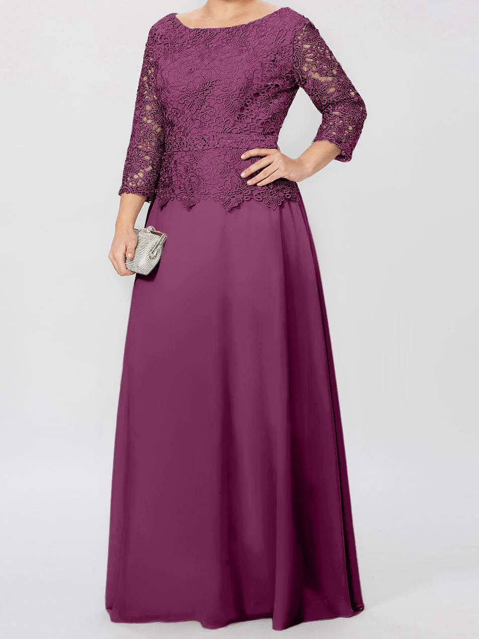Floor-Length Mother of the Bride A-Line Dress with Round Neck 3/4 Sleeves and Applique & Sequins