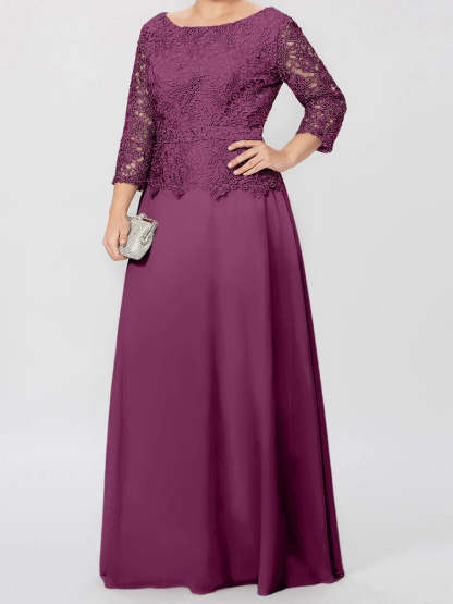 Floor-Length Mother of the Bride A-Line Dress with Round Neck 3/4 Sleeves and Applique & Sequins