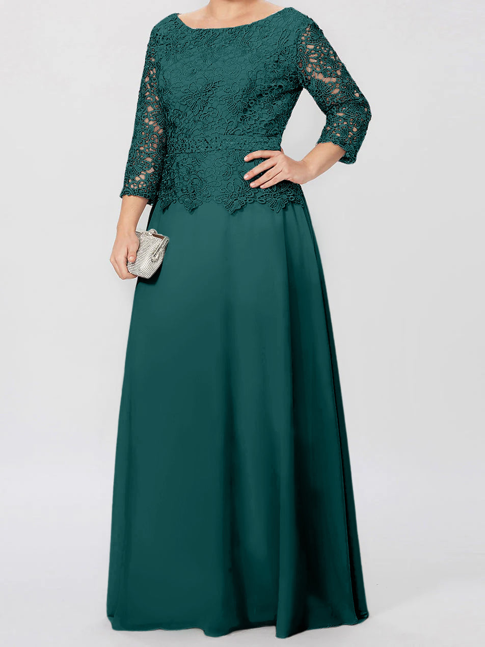 Floor-Length Mother of the Bride A-Line Dress with Round Neck 3/4 Sleeves and Applique & Sequins