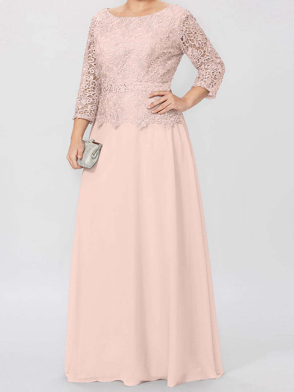 Floor-Length Mother of the Bride A-Line Dress with Round Neck 3/4 Sleeves and Applique & Sequins