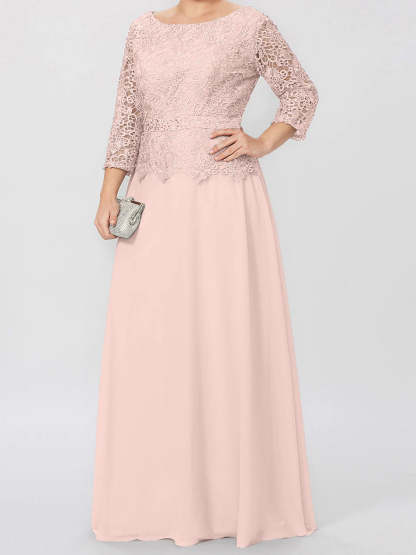 Floor-Length Mother of the Bride A-Line Dress with Round Neck 3/4 Sleeves and Applique & Sequins