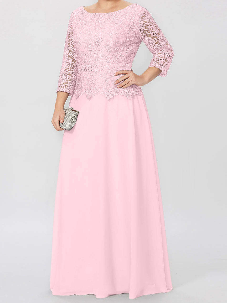 Floor-Length Mother of the Bride A-Line Dress with Round Neck 3/4 Sleeves and Applique & Sequins