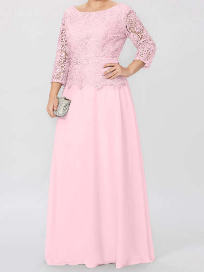 Floor-Length Mother of the Bride A-Line Dress with Round Neck 3/4 Sleeves and Applique & Sequins