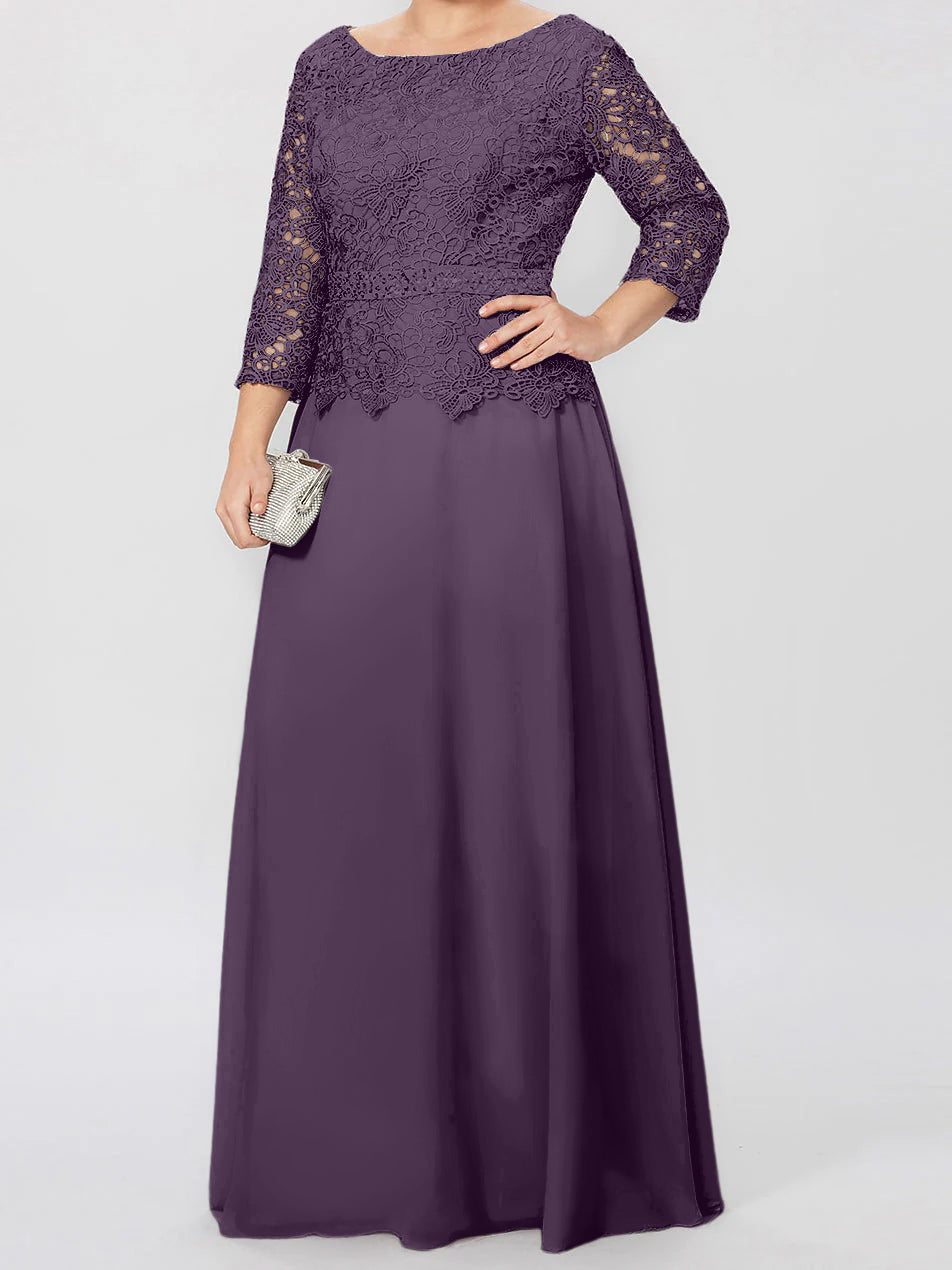 Floor-Length Mother of the Bride A-Line Dress with Round Neck 3/4 Sleeves and Applique & Sequins