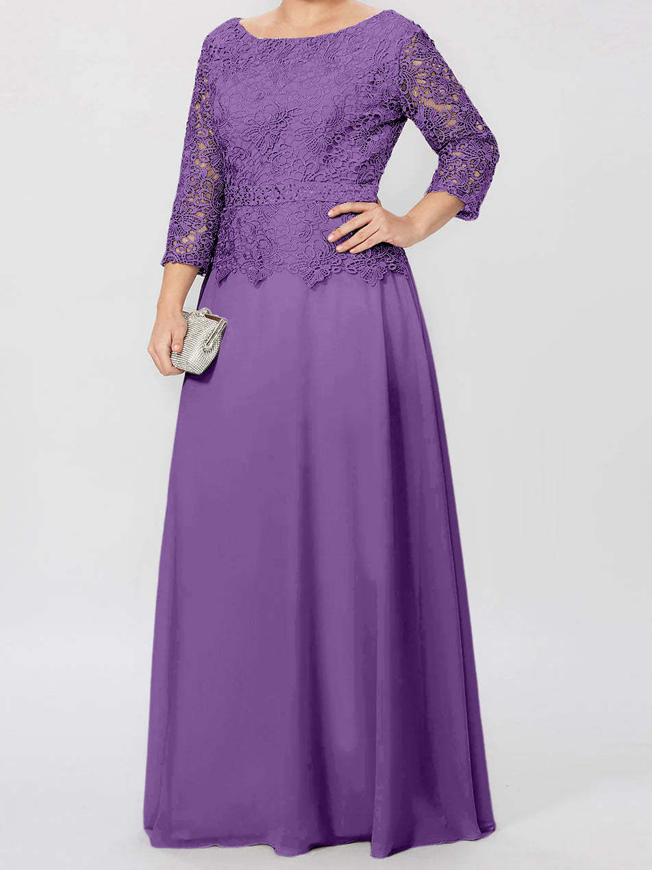 Floor-Length Mother of the Bride A-Line Dress with Round Neck 3/4 Sleeves and Applique & Sequins