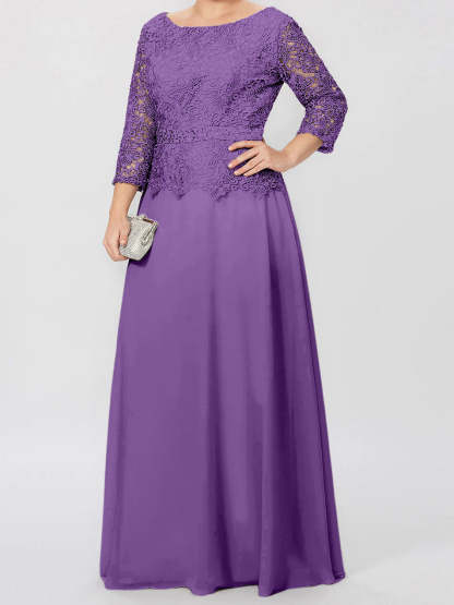 Floor-Length Mother of the Bride A-Line Dress with Round Neck 3/4 Sleeves and Applique & Sequins