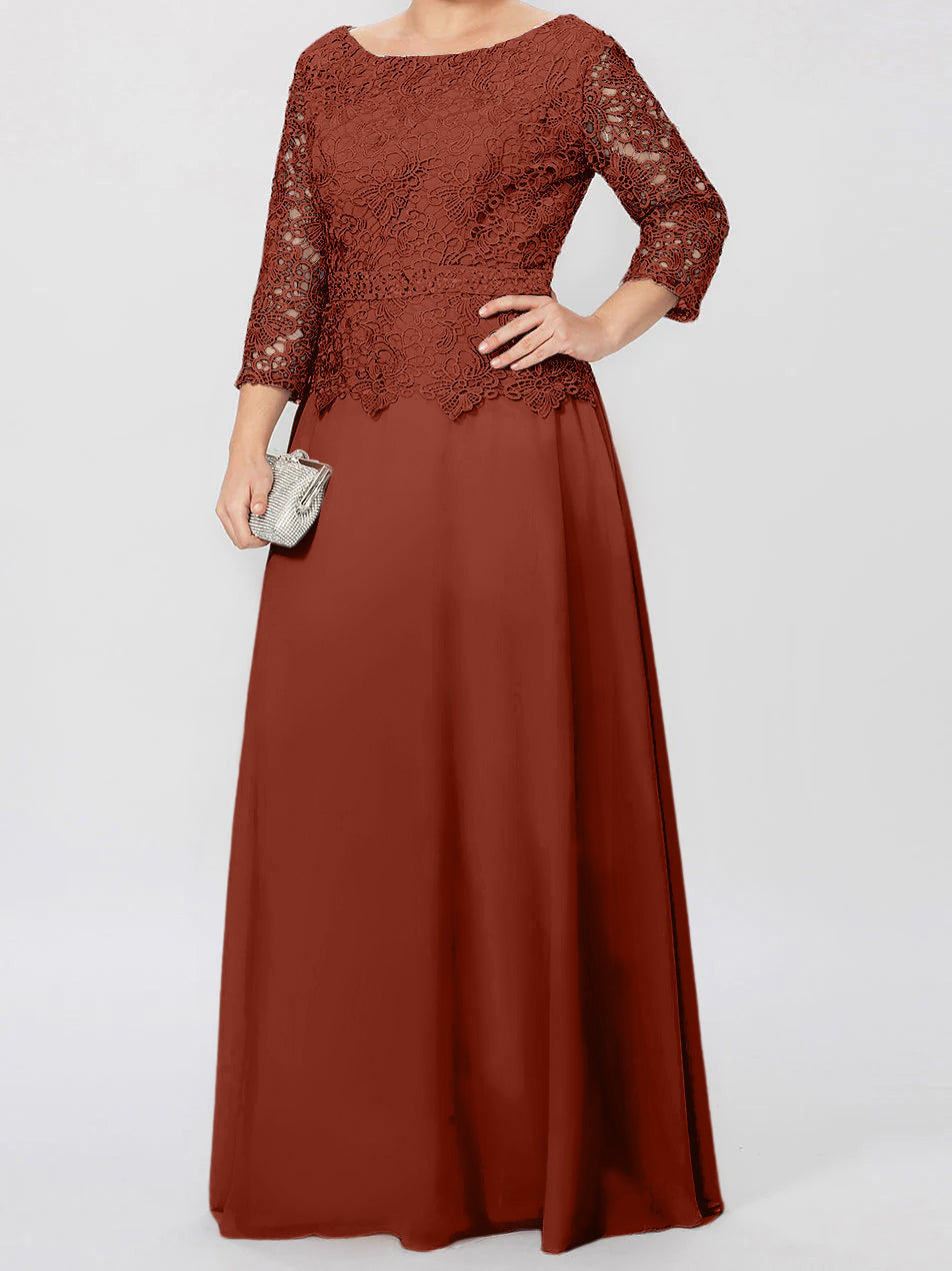 Floor-Length Mother of the Bride A-Line Dress with Round Neck 3/4 Sleeves and Applique & Sequins