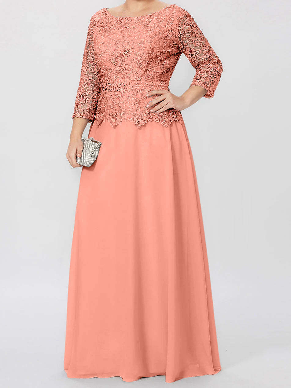 Floor-Length Mother of the Bride A-Line Dress with Round Neck 3/4 Sleeves and Applique & Sequins