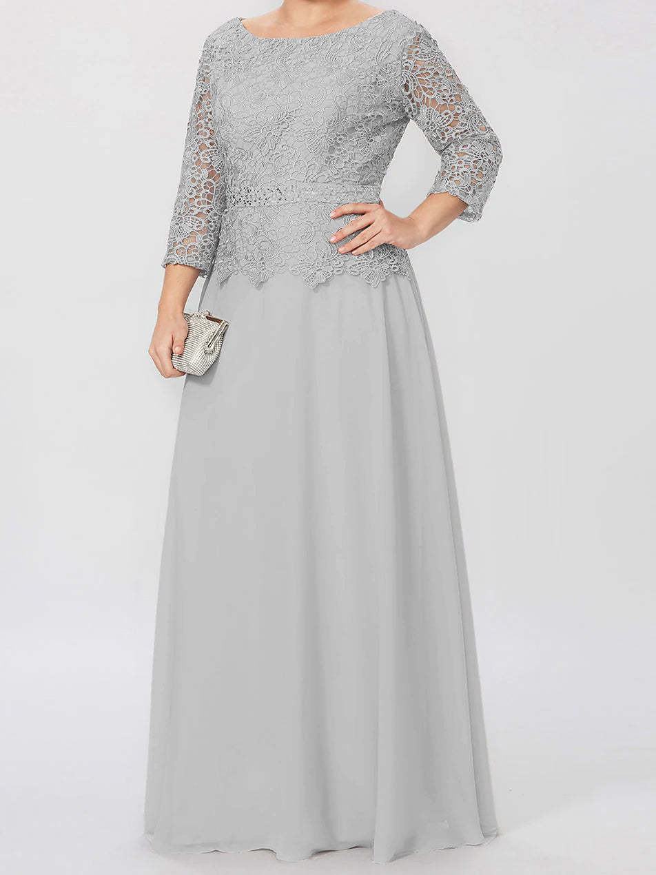 Floor-Length Mother of the Bride A-Line Dress with Round Neck 3/4 Sleeves and Applique & Sequins