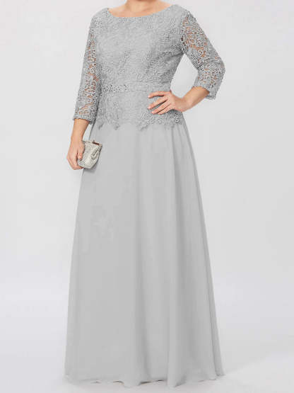 Floor-Length Mother of the Bride A-Line Dress with Round Neck 3/4 Sleeves and Applique & Sequins