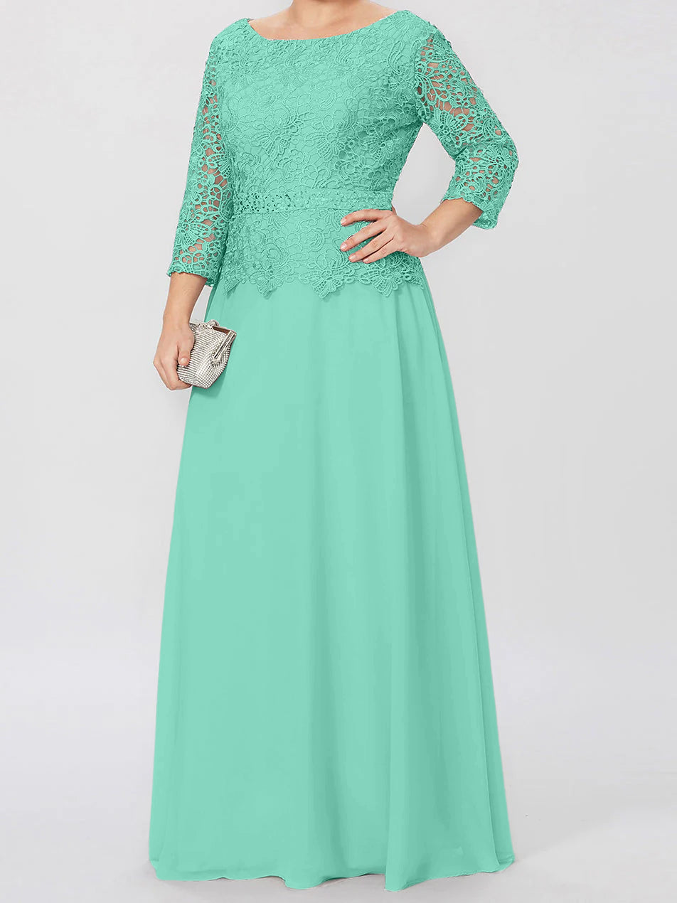 Floor-Length Mother of the Bride A-Line Dress with Round Neck 3/4 Sleeves and Applique & Sequins