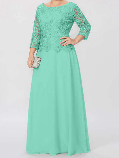 Floor-Length Mother of the Bride A-Line Dress with Round Neck 3/4 Sleeves and Applique & Sequins