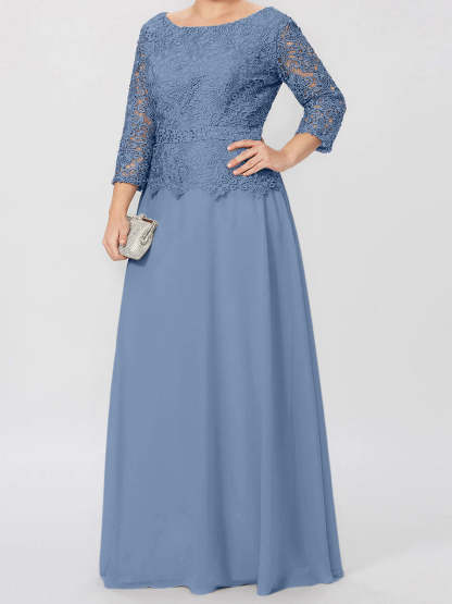 Floor-Length Mother of the Bride A-Line Dress with Round Neck 3/4 Sleeves and Applique & Sequins