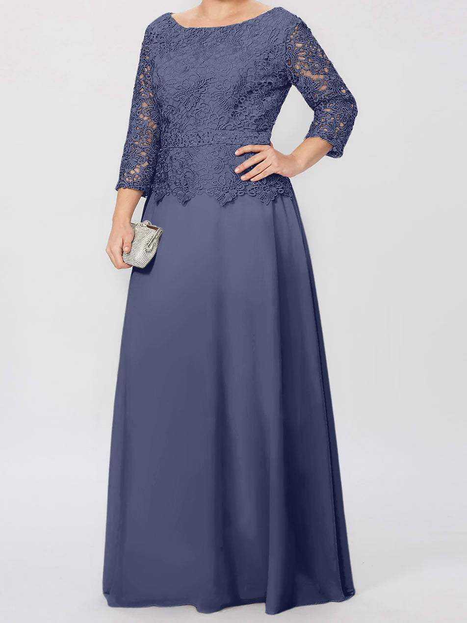 Floor-Length Mother of the Bride A-Line Dress with Round Neck 3/4 Sleeves and Applique & Sequins