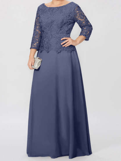 Floor-Length Mother of the Bride A-Line Dress with Round Neck 3/4 Sleeves and Applique & Sequins