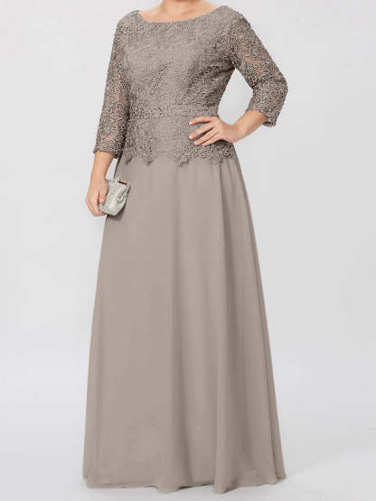 Floor-Length Mother of the Bride A-Line Dress with Round Neck 3/4 Sleeves and Applique & Sequins