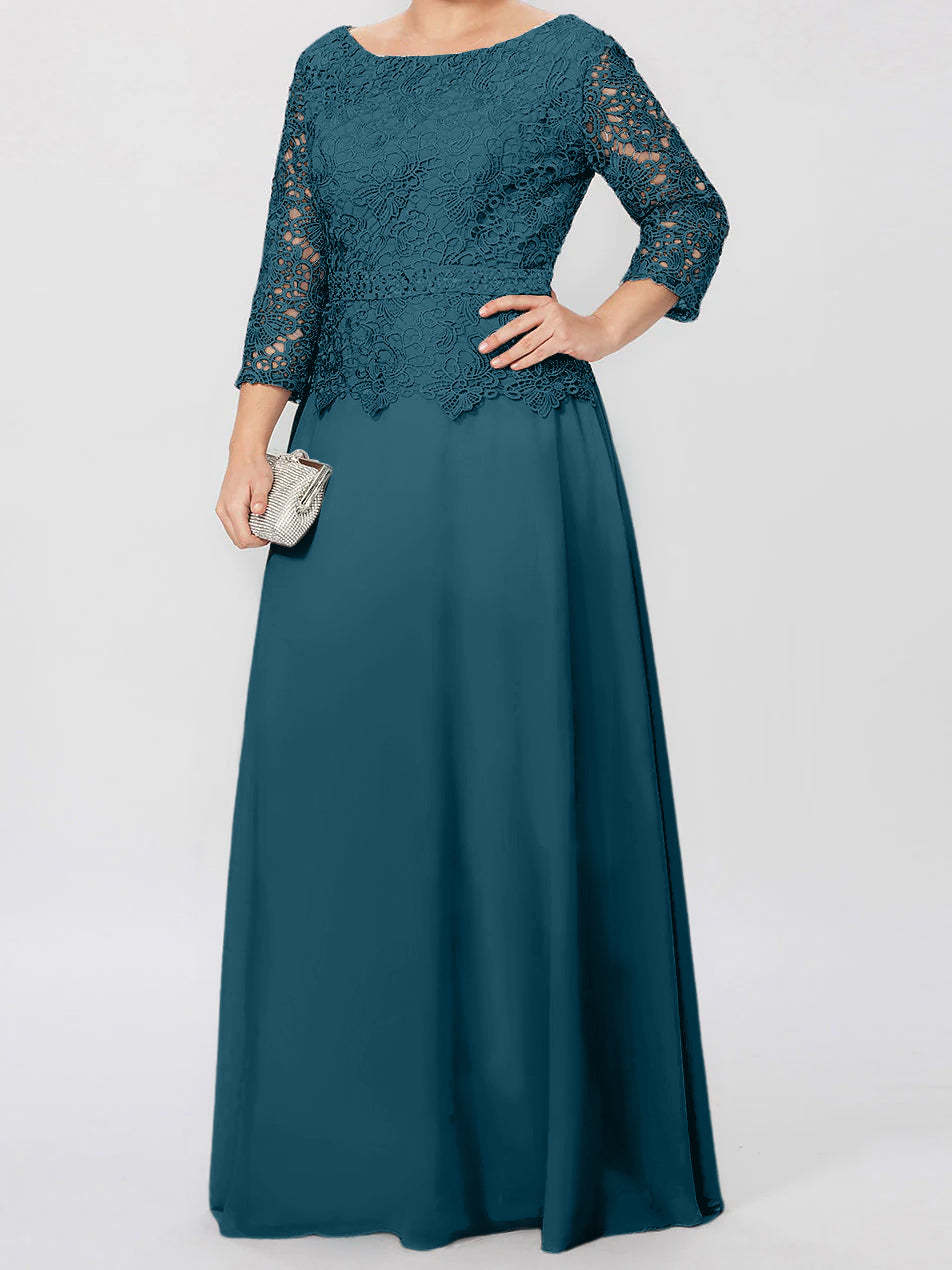 Floor-Length Mother of the Bride A-Line Dress with Round Neck 3/4 Sleeves and Applique & Sequins