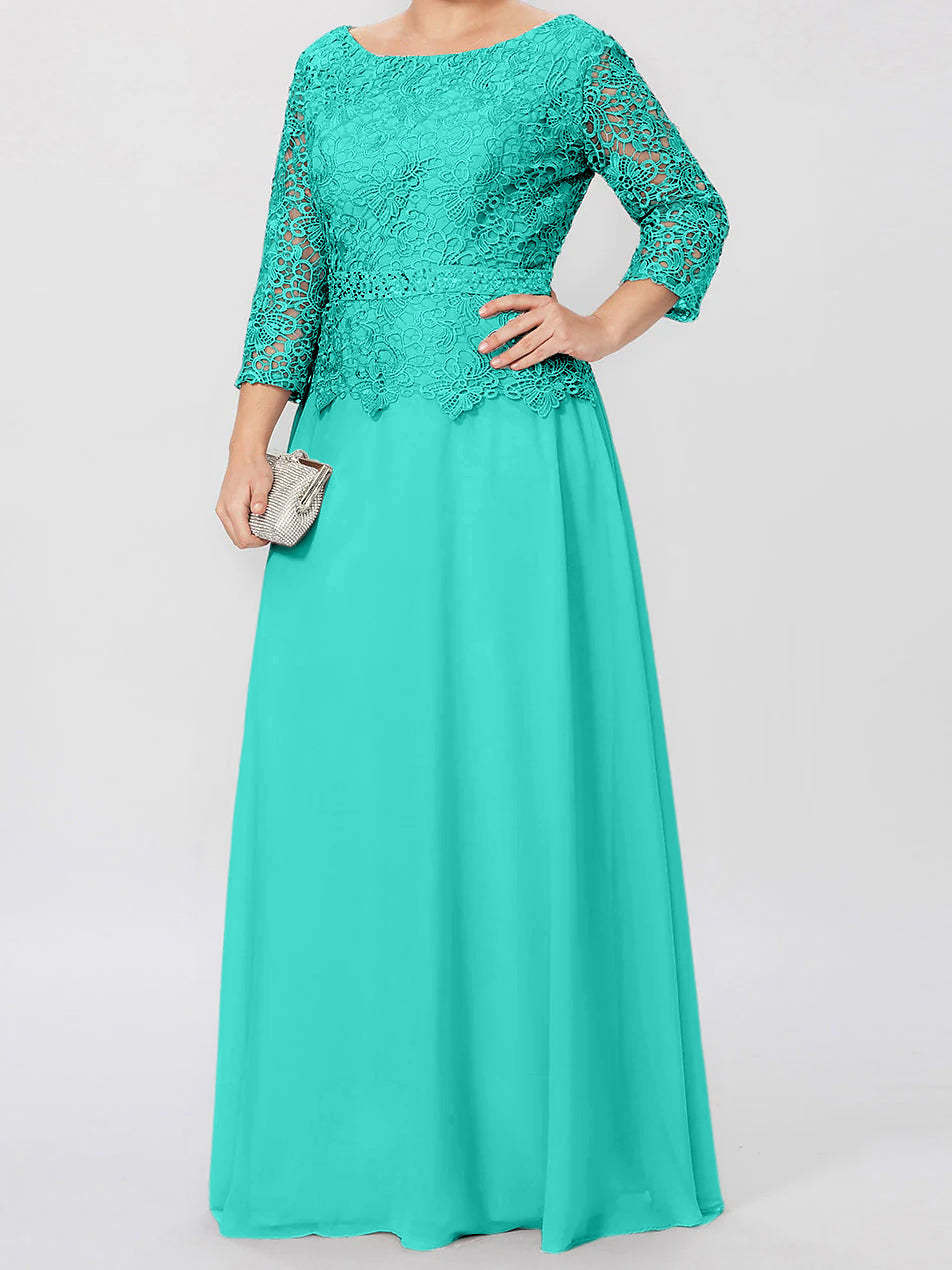 Floor-Length Mother of the Bride A-Line Dress with Round Neck 3/4 Sleeves and Applique & Sequins