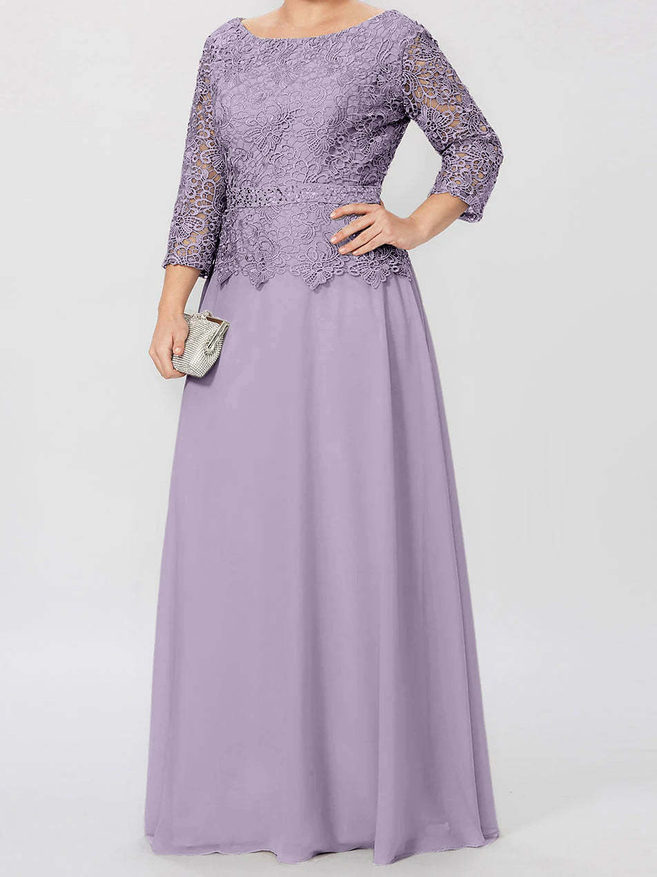 Floor-Length Mother of the Bride A-Line Dress with Round Neck 3/4 Sleeves and Applique & Sequins