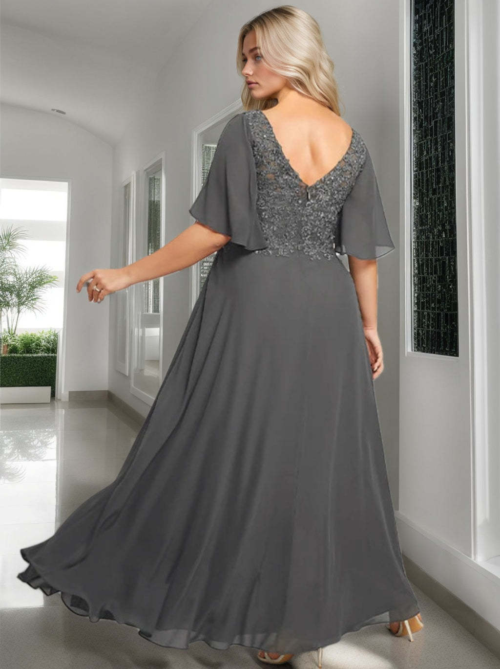 V-Neck A-Line Princess Floor-Length Mother of the Bride Dress with Applique and Half Sleeves
