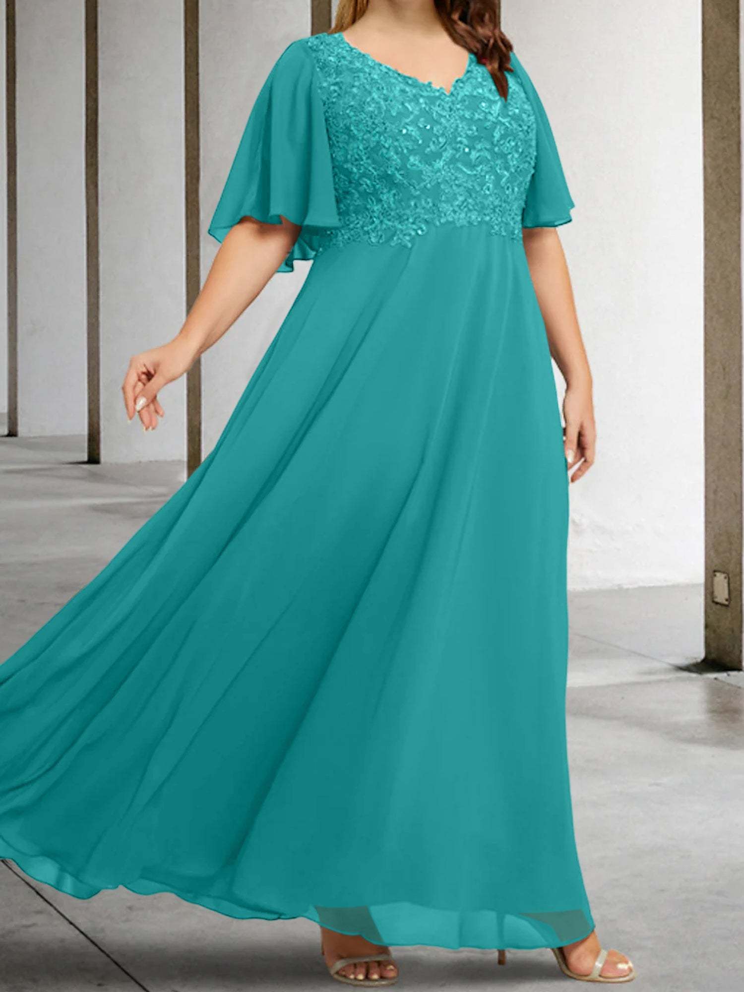 V-Neck A-Line Princess Floor-Length Mother of the Bride Dress with Applique and Half Sleeves