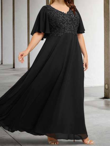 V-Neck A-Line Princess Floor-Length Mother of the Bride Dress with Applique and Half Sleeves