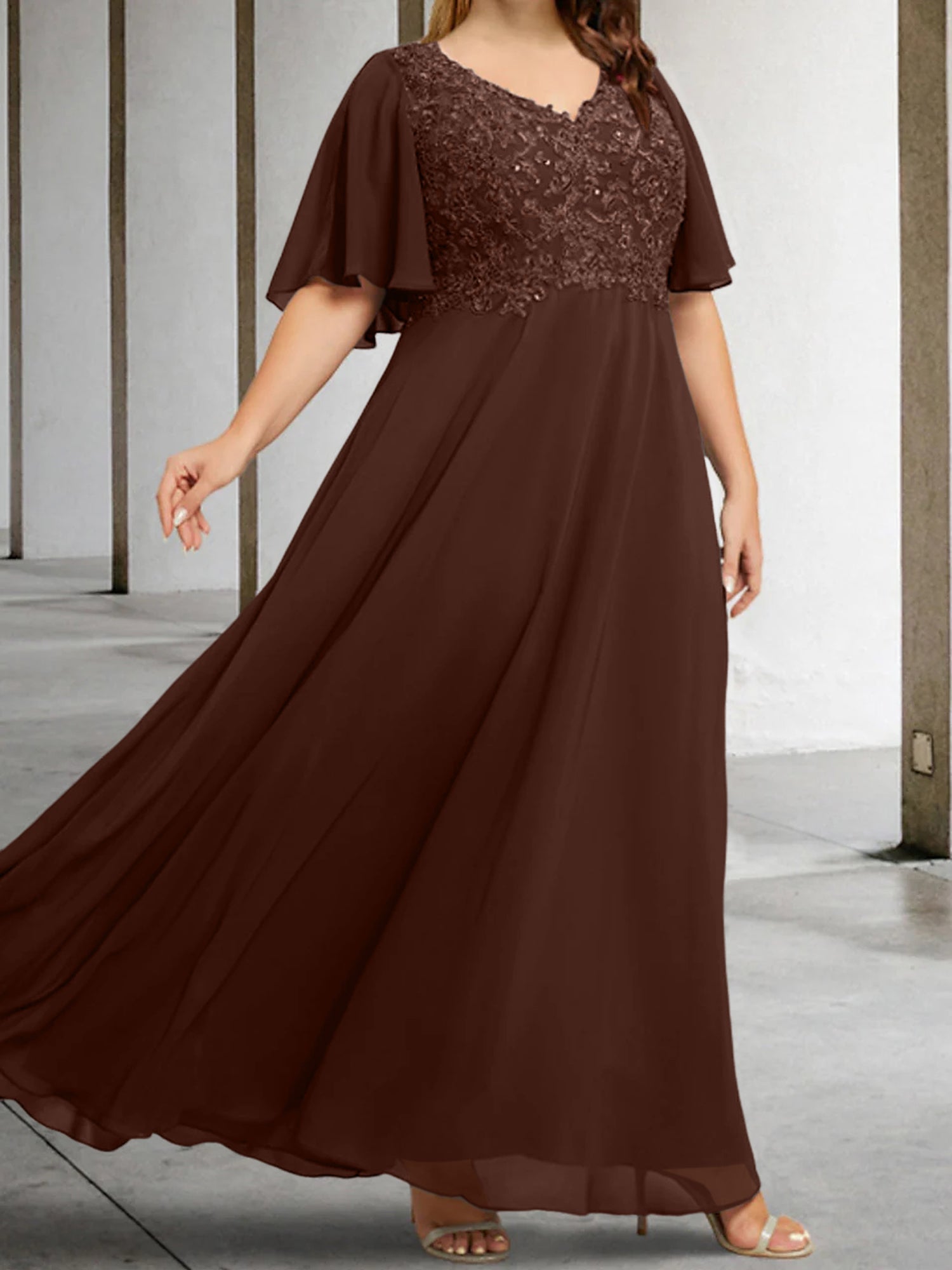 V-Neck A-Line Princess Floor-Length Mother of the Bride Dress with Applique and Half Sleeves