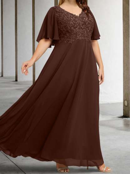 V-Neck A-Line Princess Floor-Length Mother of the Bride Dress with Applique and Half Sleeves