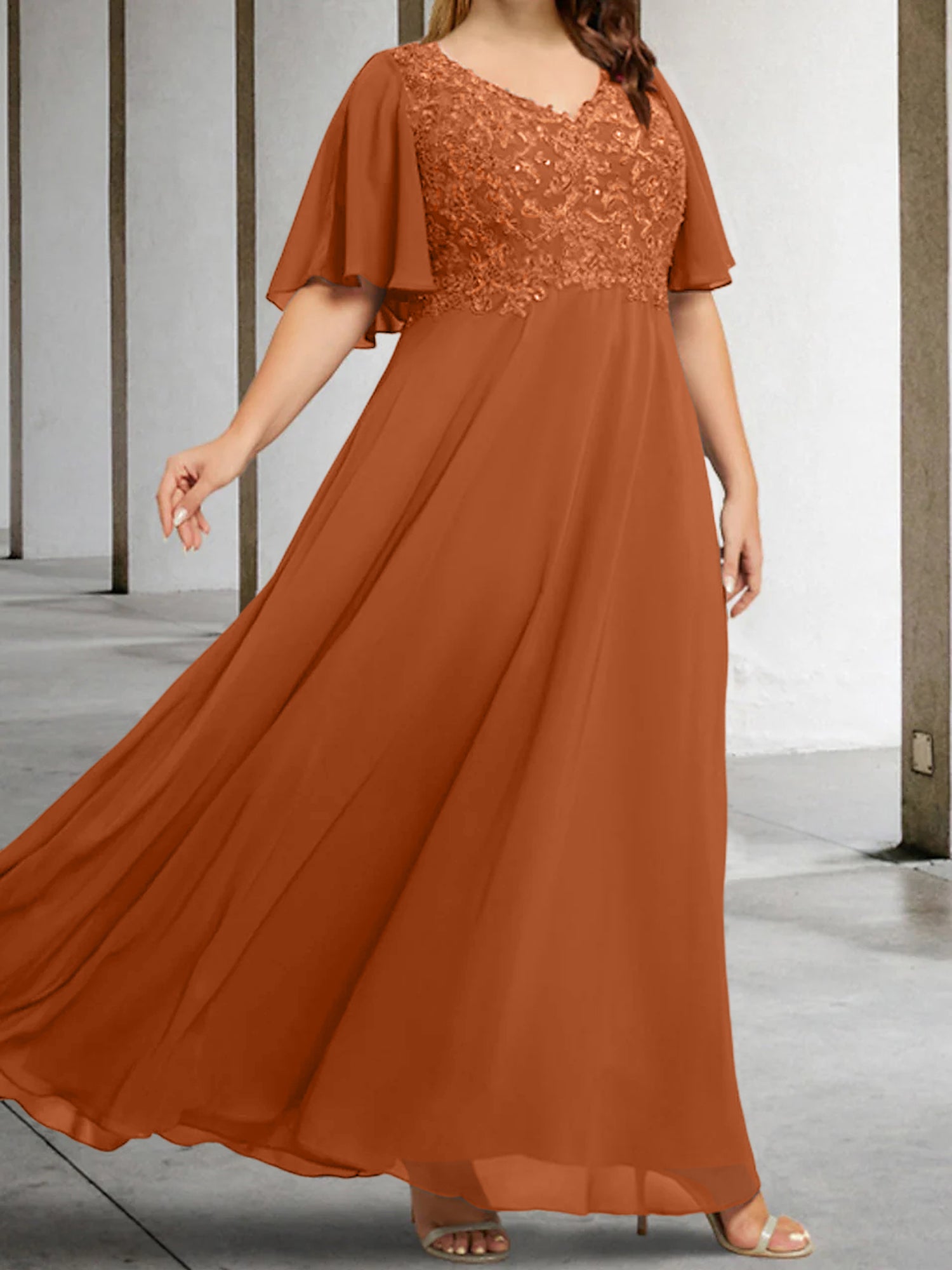 V-Neck A-Line Princess Floor-Length Mother of the Bride Dress with Applique and Half Sleeves
