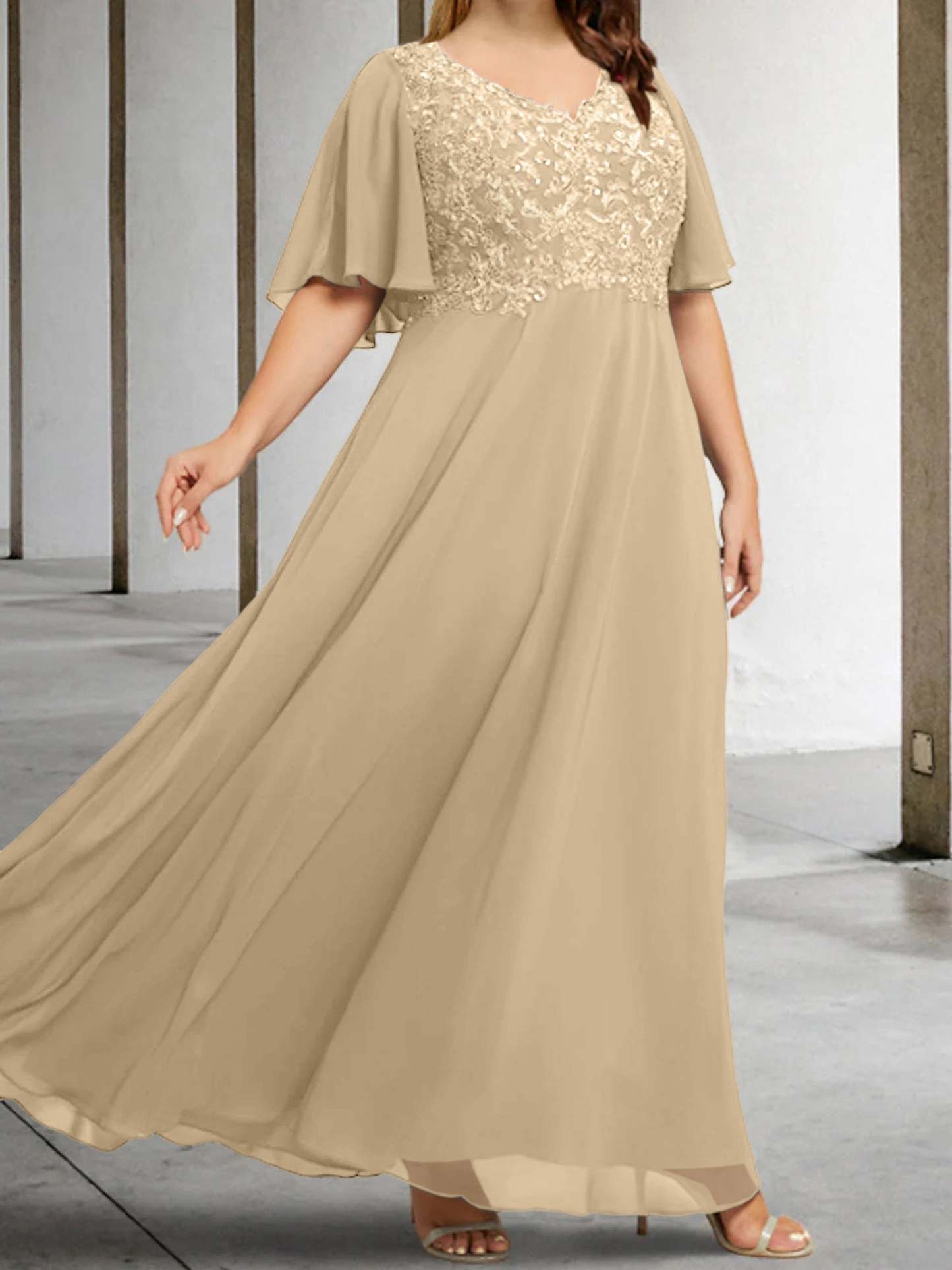 V-Neck A-Line Princess Floor-Length Mother of the Bride Dress with Applique and Half Sleeves