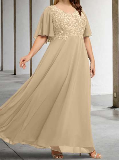 V-Neck A-Line Princess Floor-Length Mother of the Bride Dress with Applique and Half Sleeves