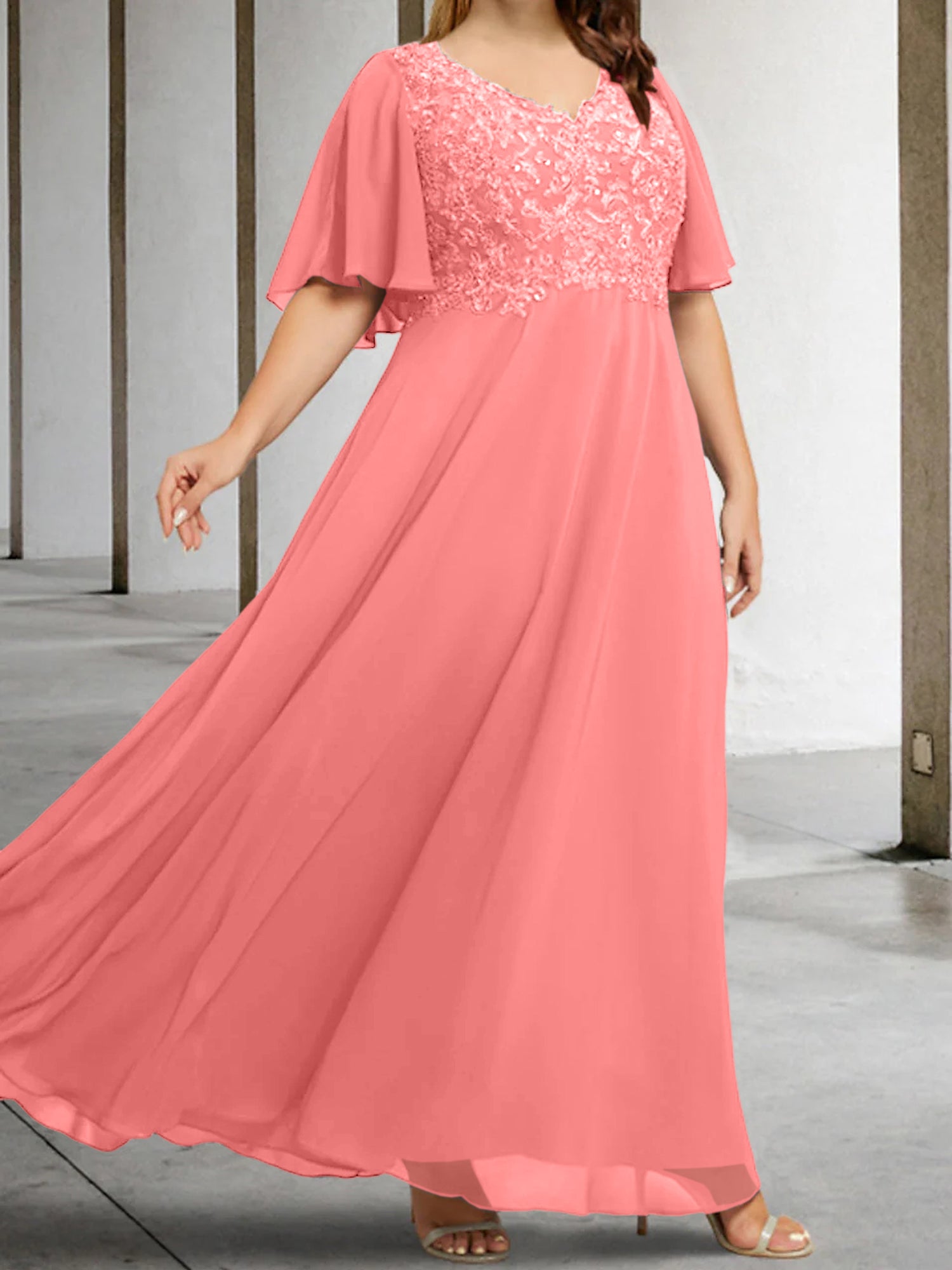 V-Neck A-Line Princess Floor-Length Mother of the Bride Dress with Applique and Half Sleeves