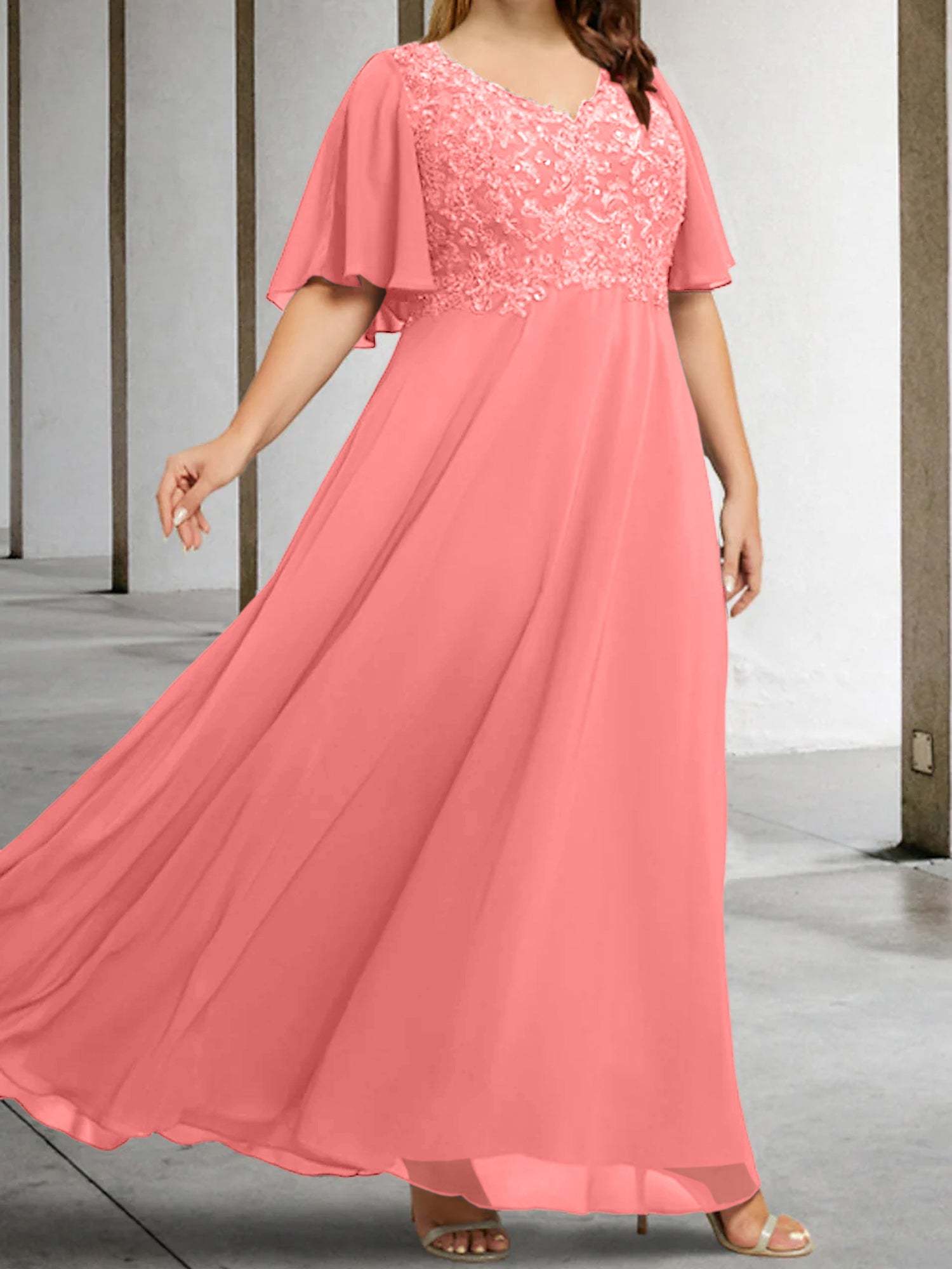 V-Neck A-Line Princess Floor-Length Mother of the Bride Dress with Applique and Half Sleeves