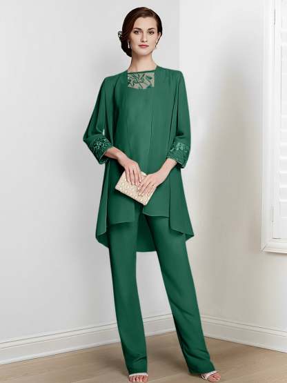 Floor-Length Square Neck Chiffon Pantsuit With Long Sleeves and Jacket for the Mother of the Bride