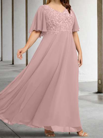 V-Neck A-Line Princess Floor-Length Mother of the Bride Dress with Applique and Half Sleeves