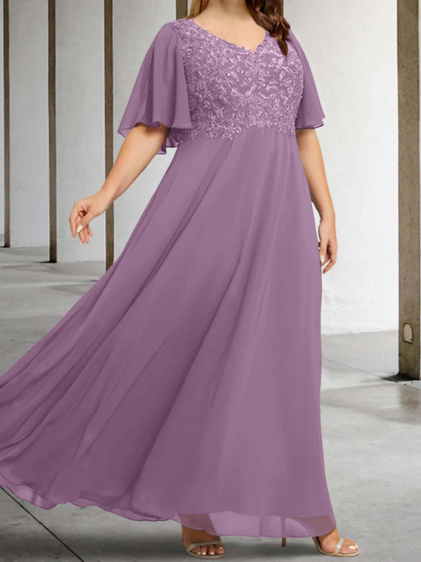 V-Neck A-Line Princess Floor-Length Mother of the Bride Dress with Applique and Half Sleeves