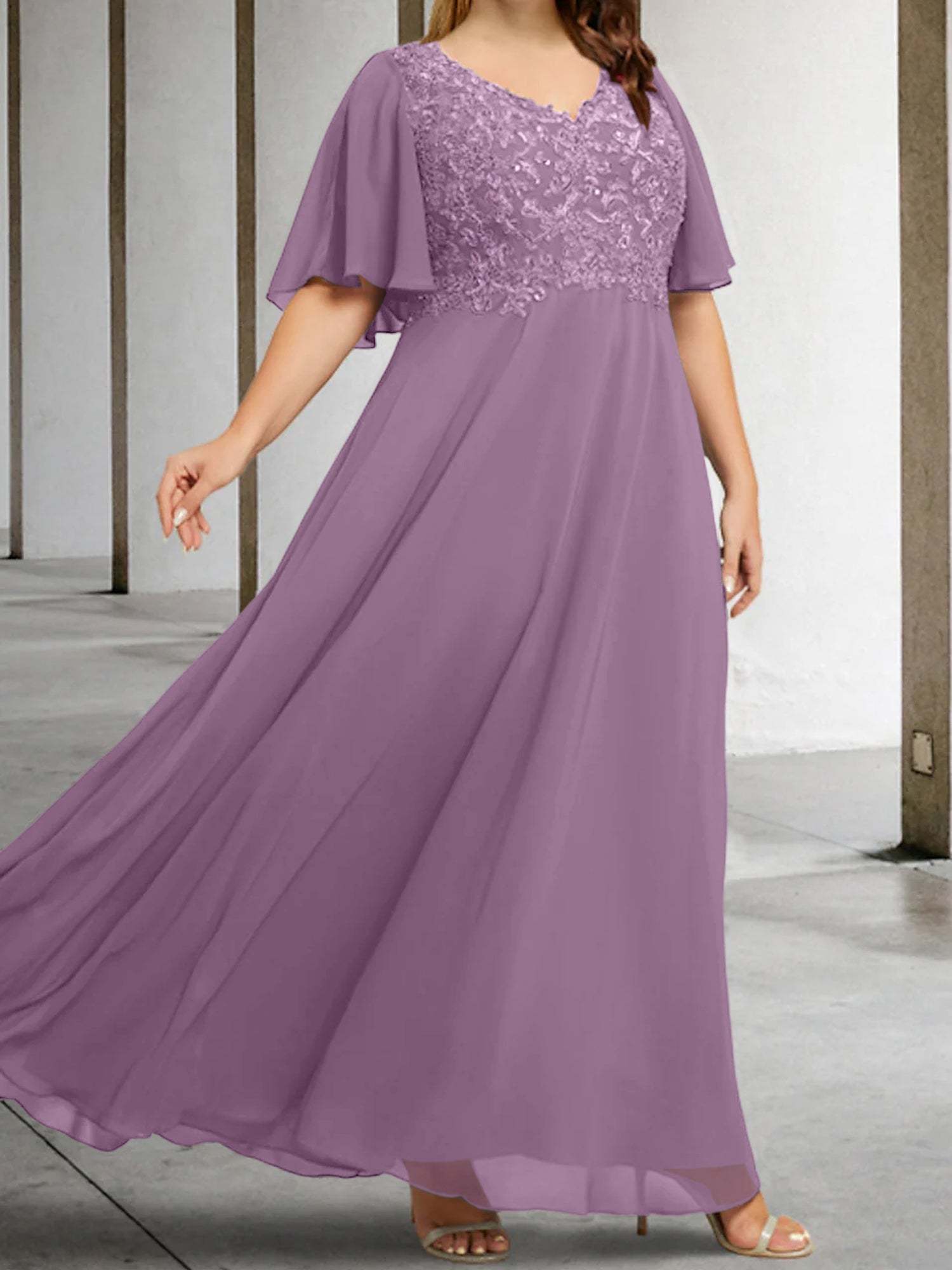 V-Neck A-Line Princess Floor-Length Mother of the Bride Dress with Applique and Half Sleeves