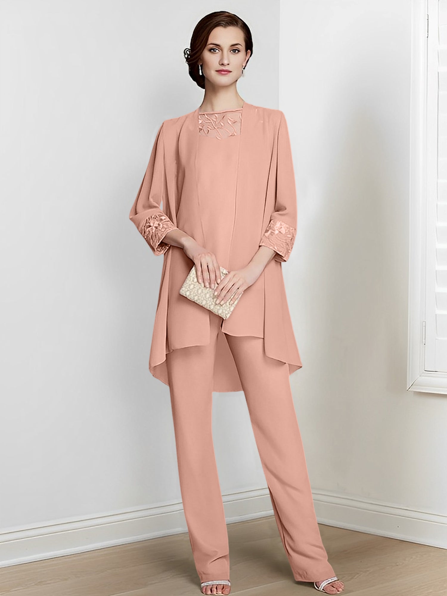 Floor-Length Square Neck Chiffon Pantsuit With Long Sleeves and Jacket for the Mother of the Bride